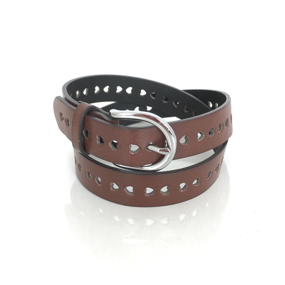Women’s Thin Heart Filigree Leather Belt Brown Shiny Silver Buckle